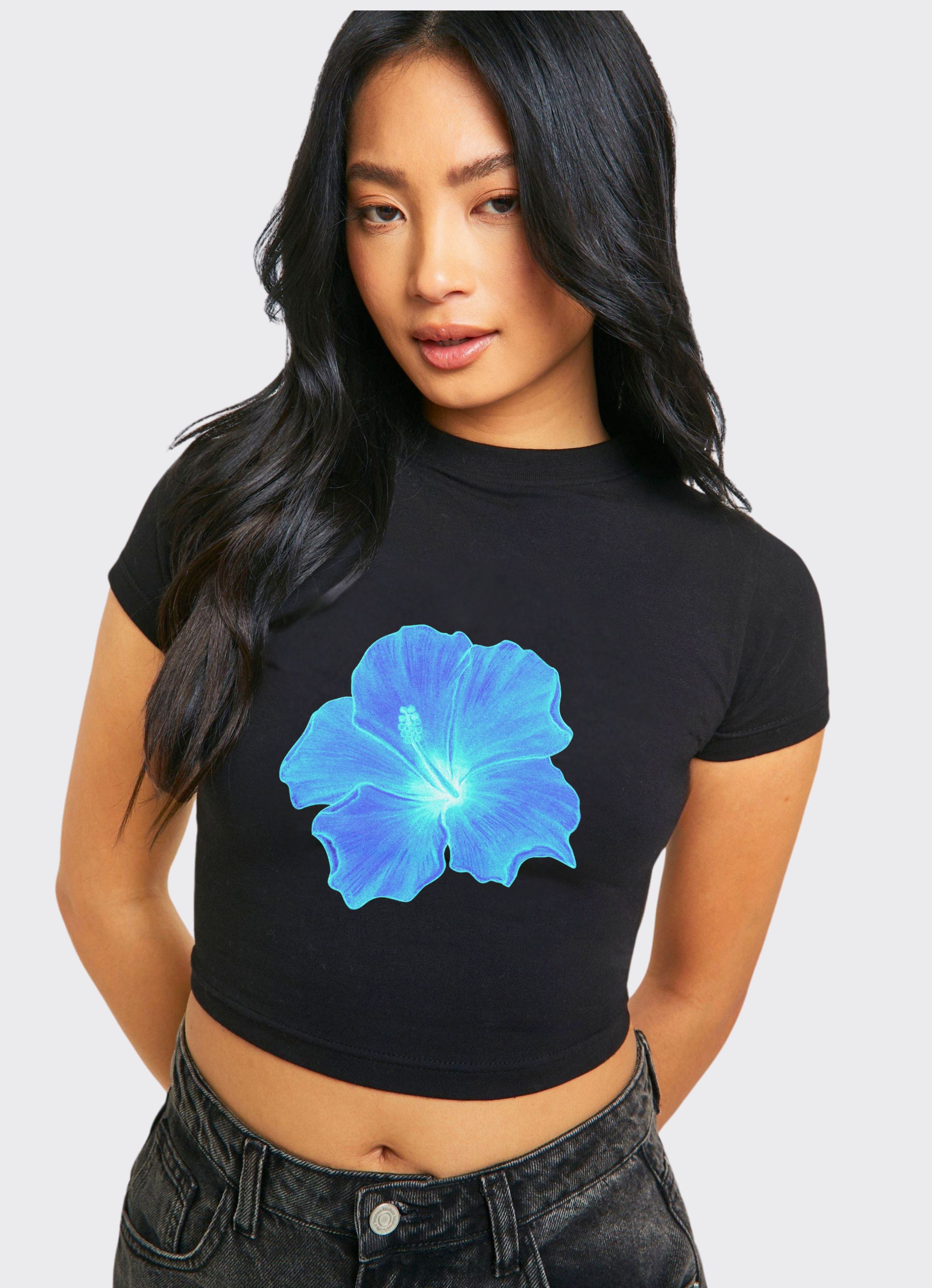 Blue Hibiscus Black Crop Top