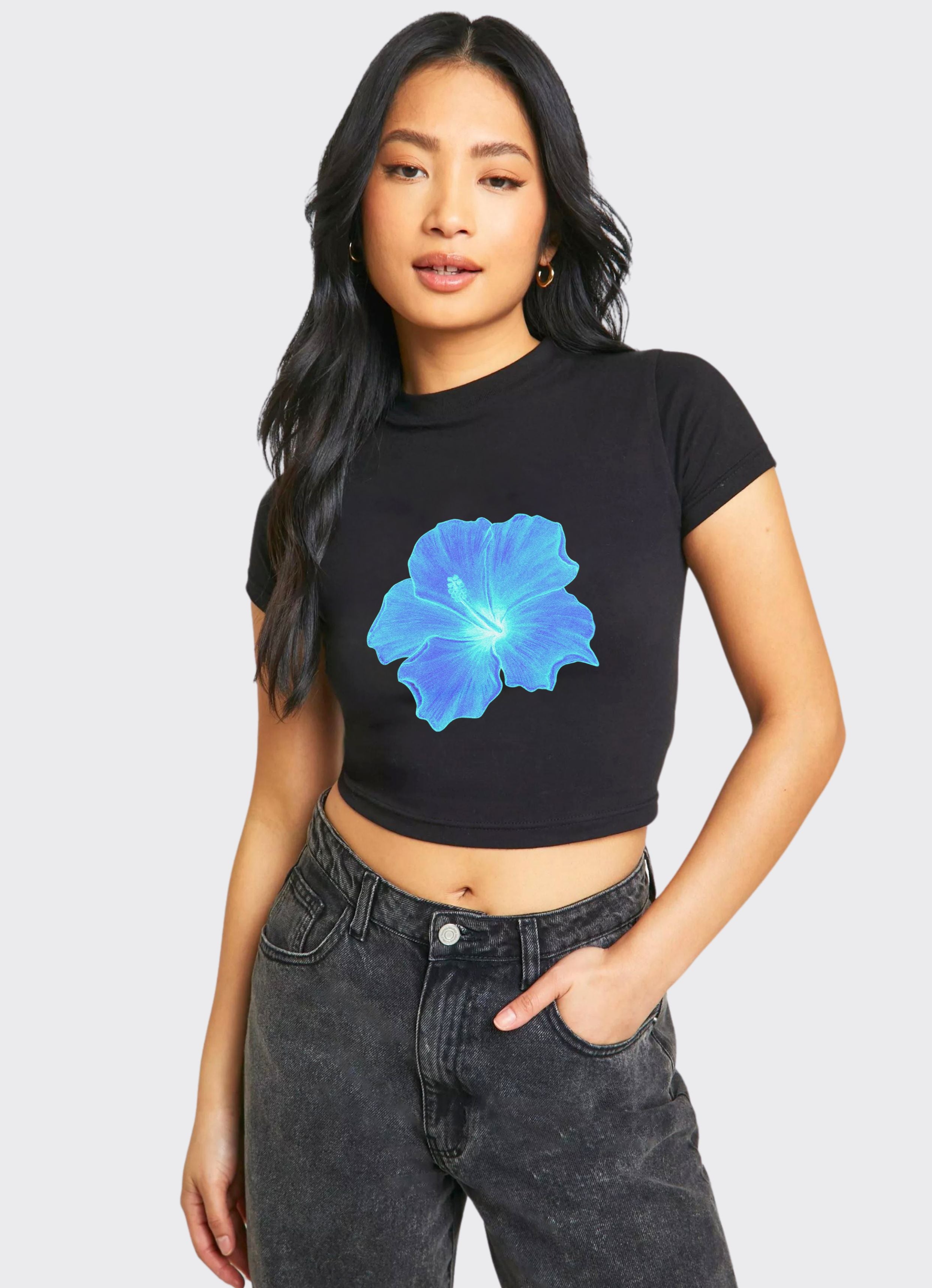 Blue Hibiscus Black Crop Top