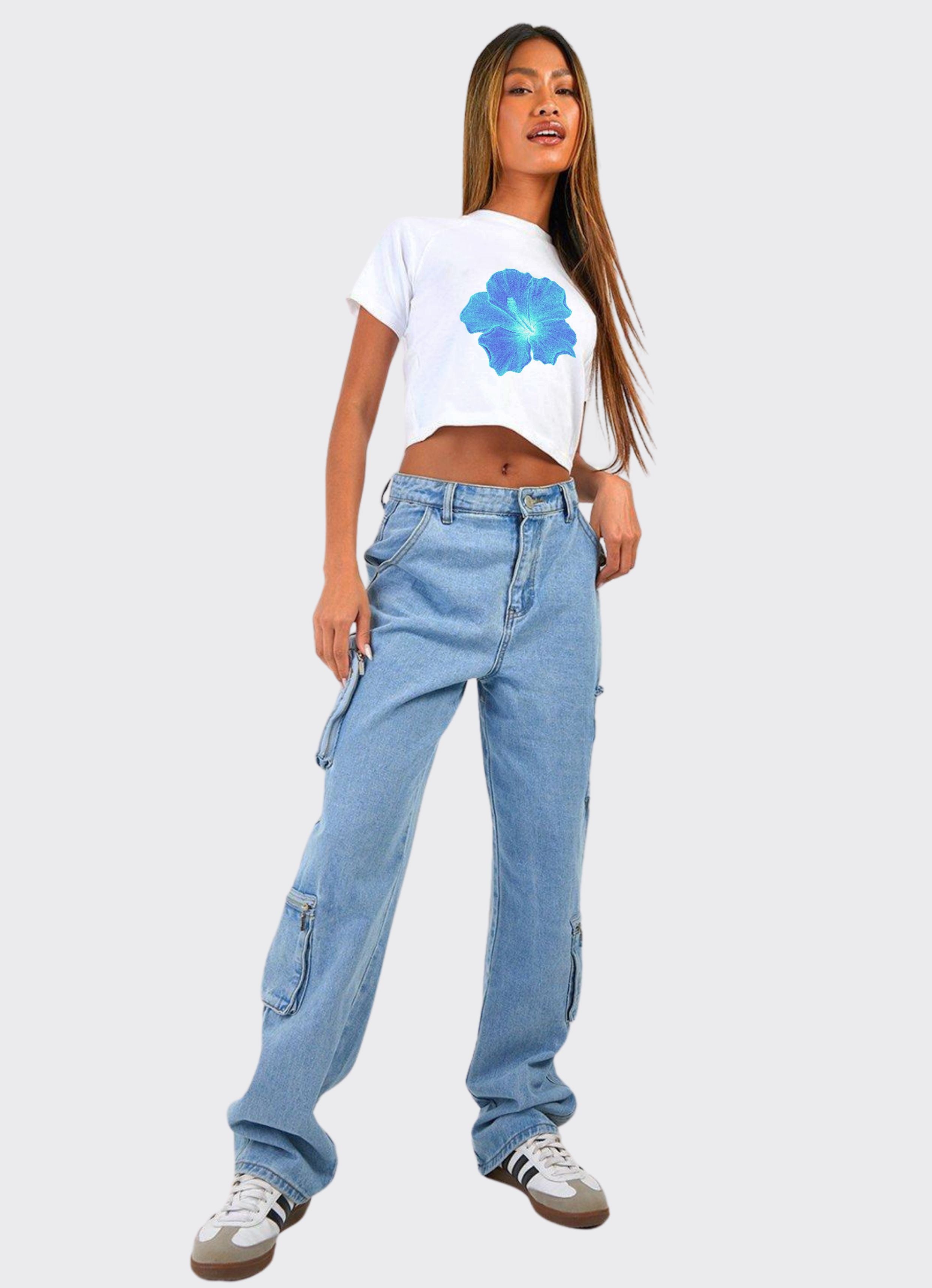 Blue Hibiscus White Crop Top