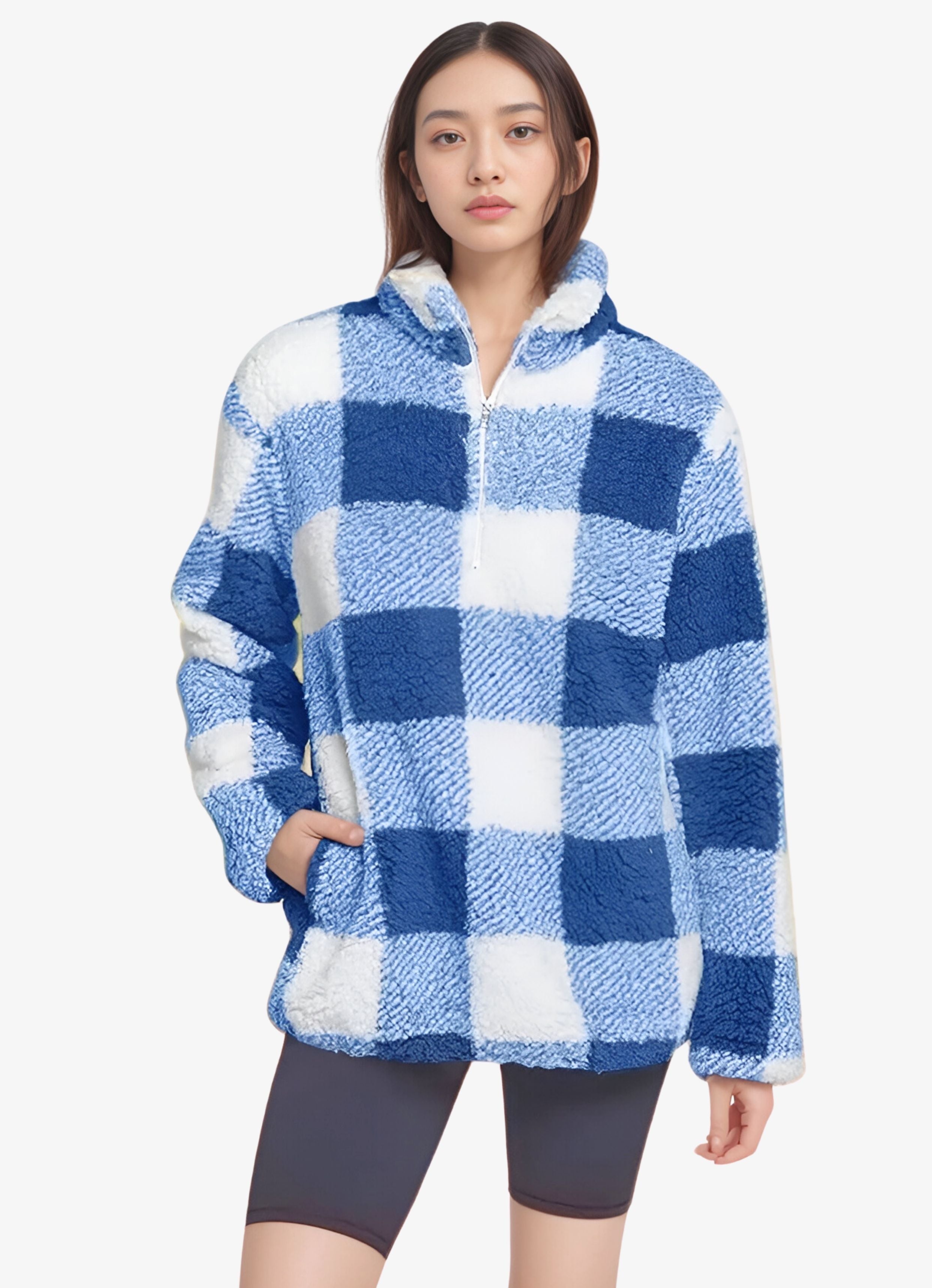 Ppsnabha Half Tartan Half Black Jeans Zip Sweater Faux Fur Half