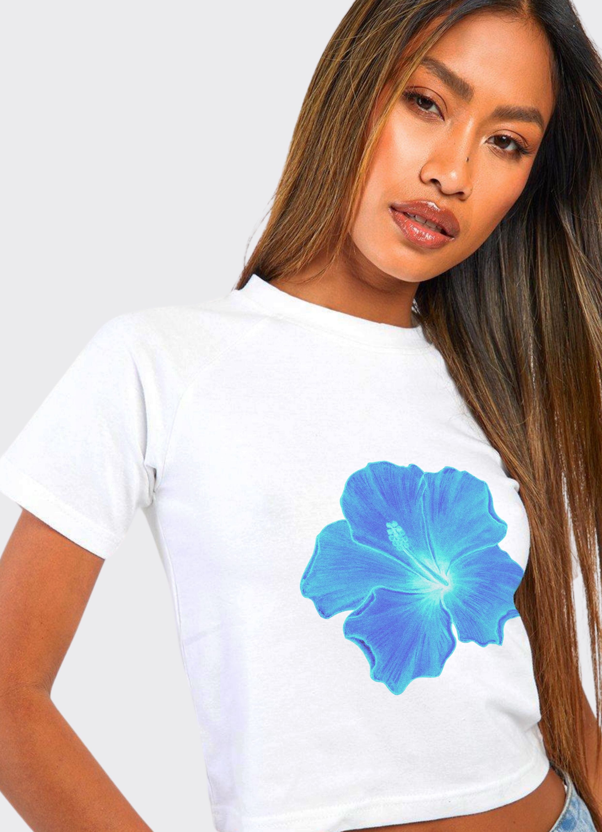 Blue Hibiscus White Crop Top